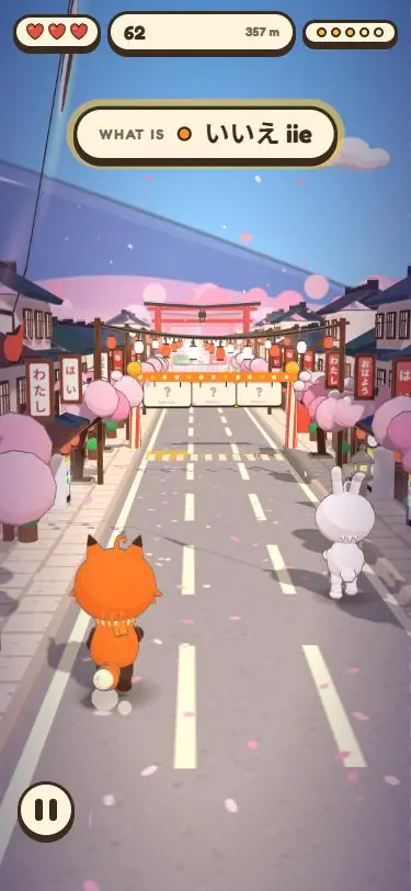 A fox runs down a cherry-blossom street toward three word gates and picks the right one